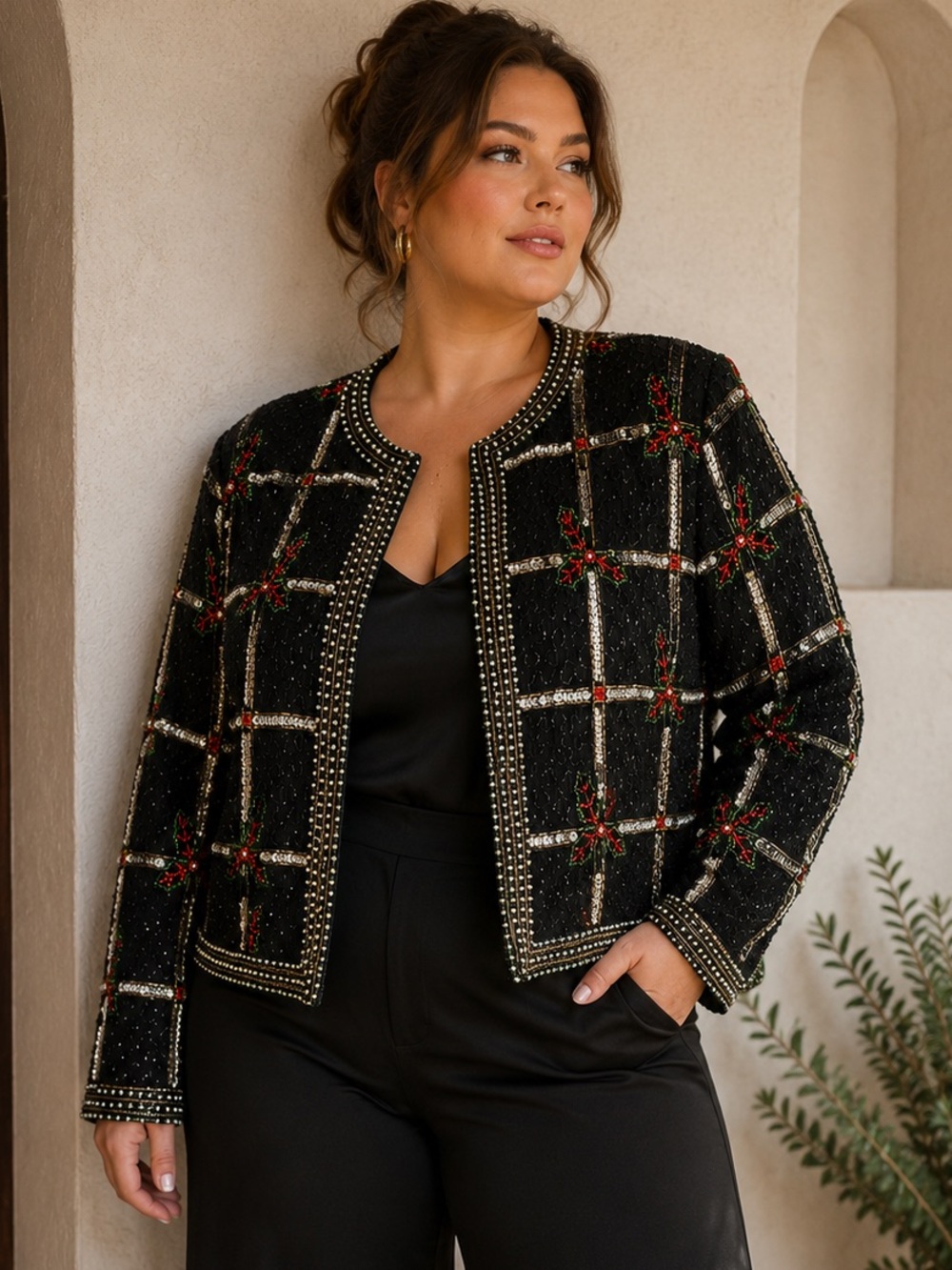 Scala Pure Silk Beaded Sequin Statement Jacket XL Vintage Glam Holiday Evening